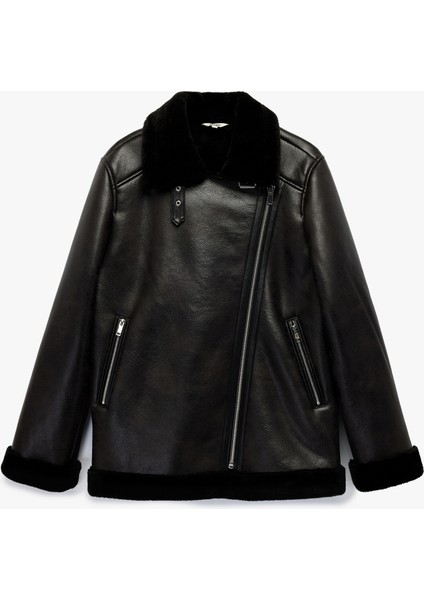 Içi Peluş Astarlı Uzun Kollu Fermuarlı Uzun Suni Deri Biker Ceket modelleri