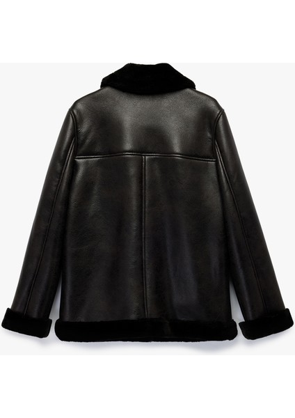 Içi Peluş Astarlı Uzun Kollu Fermuarlı Uzun Suni Deri Biker Ceket fırsatları