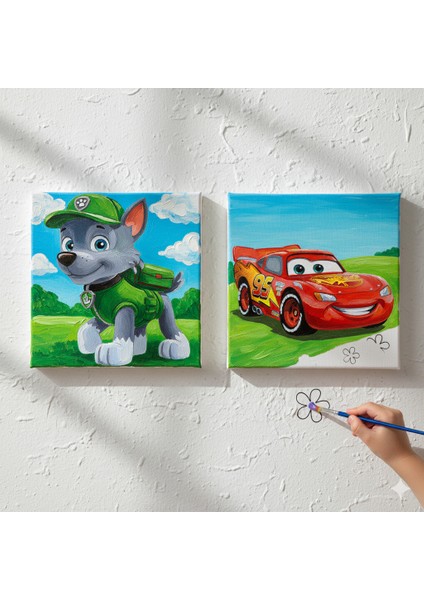 Okul Etkinliği-2'li Tuval Boyama Seti. 20X20 cm Uv Baskı 6 Akrilik Boya 1 FIRÇA-MODEL-350