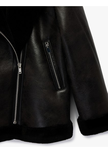 Içi Peluş Astarlı Uzun Kollu Fermuarlı Uzun Suni Deri Biker Ceket