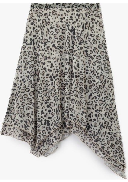 Asimetrik Kesim Slim Fit Midi Leopar Etek