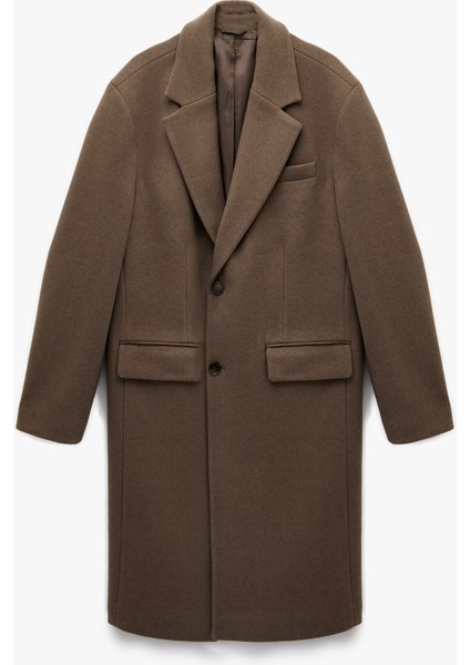 Regular Fit Cepli Mono Yaka Düğmeli Uzun Kaşe Kaban