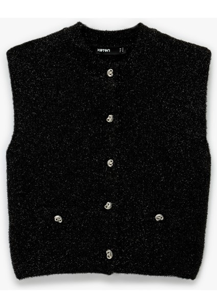 Metalik Iplik Detaylı Parıltılı Bisiklet Yaka Triko Düğmeli Peluş Yelek