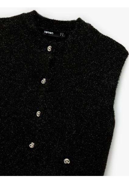 Metalik Iplik Detaylı Parıltılı Bisiklet Yaka Triko Düğmeli Peluş Yelek modelleri