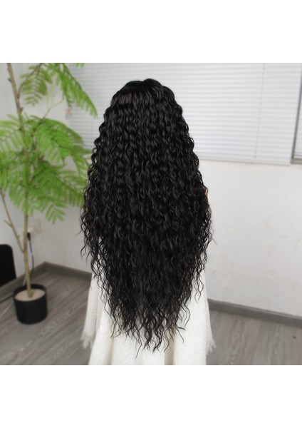 Ekstra Uzun Yoğun Afro Dalga Siyah Fiber Sentetik Geniş T Tül Peruk fırsatları