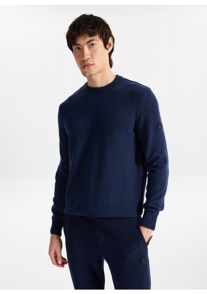D5WM-KZK3771 Lacivert Melanj Bisiklet Yaka Relaxed Örgü Desenli Erkek Kazak