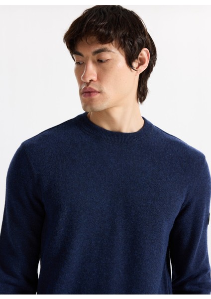 D5WM-KZK3771 Lacivert Melanj Bisiklet Yaka Relaxed Örgü Desenli Erkek Kazak modelleri