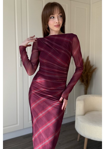 Drapeli Uzun Kol Bordo Çizgili Midi Tül Elbise fiyatları