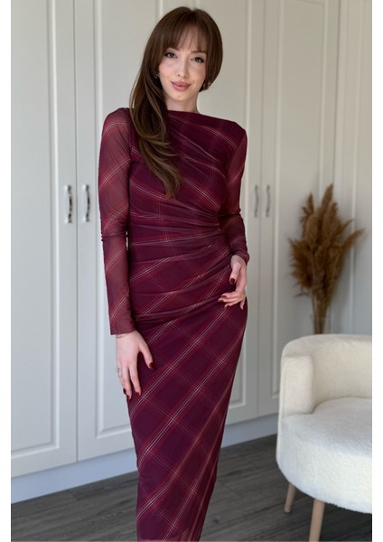 Drapeli Uzun Kol Bordo Çizgili Midi Tül Elbise fırsatları