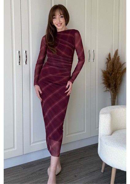 Drapeli Uzun Kol Bordo Çizgili Midi Tül Elbise