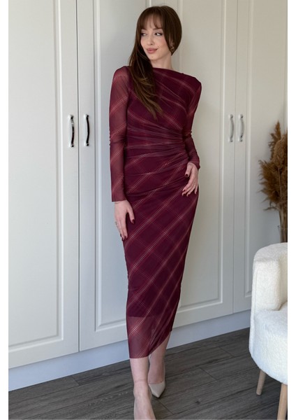 Drapeli Uzun Kol Bordo Çizgili Midi Tül Elbise
