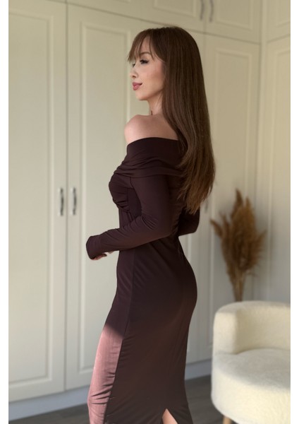 Omuz Detaylı Vücudu Saran Midi Kahverengi Elbise fırsatları