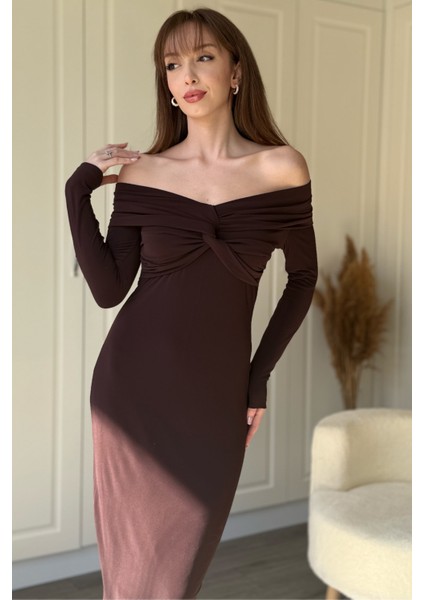Omuz Detaylı Vücudu Saran Midi Kahverengi Elbise