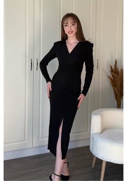 Vatkalı Beli Drapeli Önü Yırtmaçlı Midi Siyah Elbise fiyatları