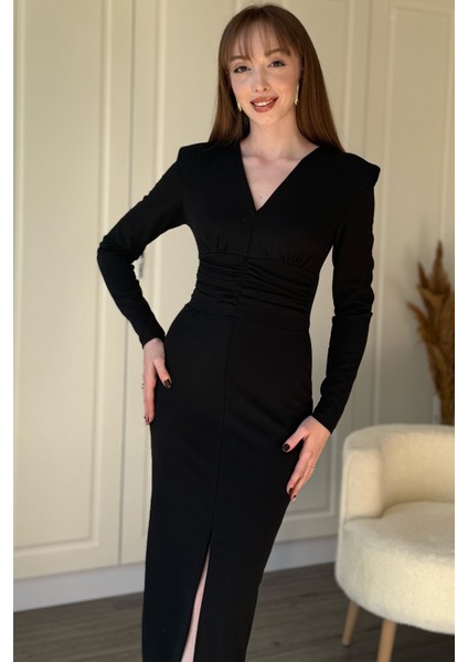 Vatkalı Beli Drapeli Önü Yırtmaçlı Midi Siyah Elbise indirimleri