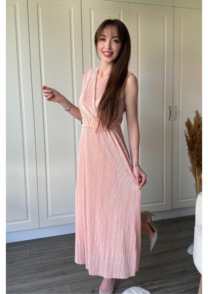 Kruvaze Yaka Krinkıl Midi Tokalı Pudra Elbise