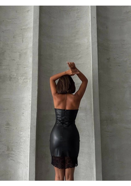 Altı Dantelli Straplez Deri Elbise Siyah W240419 modelleri