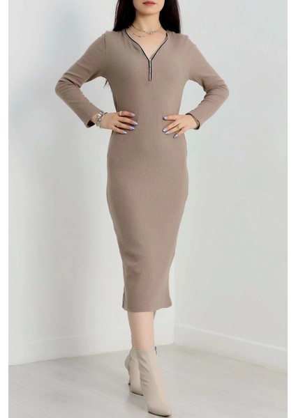 Fermuar Detaylı Fitilli Şardonlu Elbise Bej
