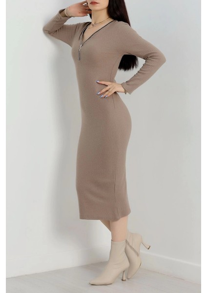 Fermuar Detaylı Fitilli Şardonlu Elbise Bej fırsatları