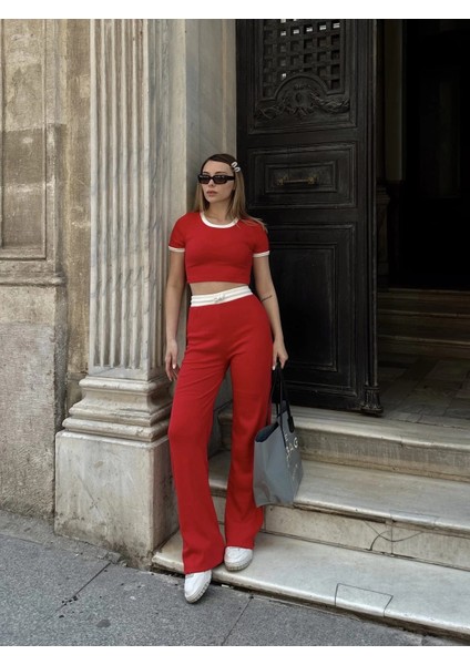 Crop Pantolon Biyeli Takım Kırmızı modelleri