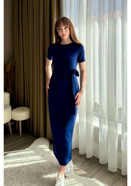 Bağlamalı Lacivert Midi Modal Elbise