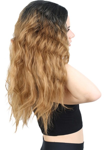 Kabarık Dalgalı Uzun Fiber Sentetik Peruk / Siyah / Karamel Ombreli fiyatları