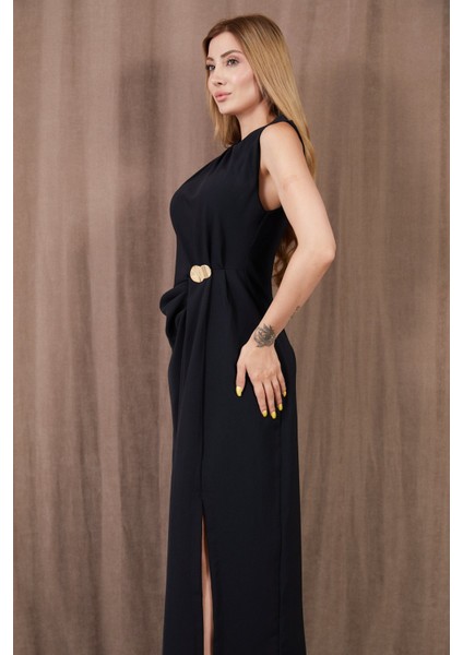 Kadın Kalın Askılı Yırtmaçlı Linda Kumaş Elbise modelleri