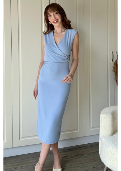 Drapeli Aksesuarlı Mavi Midi Elbise indirimleri