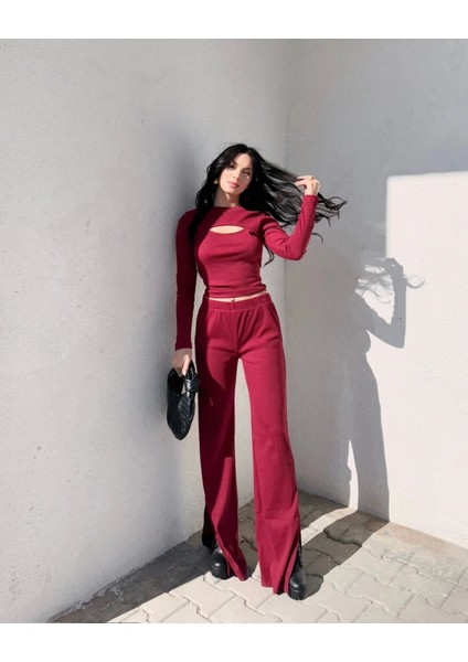 Pencereli Detaylı Alt Üst Takım Bordo