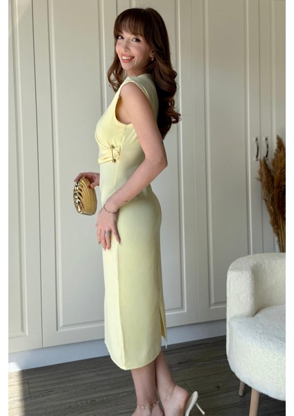 Drapeli Aksesuarlı Sarı Midi Elbise fırsatları