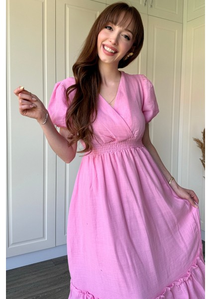 Müslin Kumaş Kısa Kol Pembe Midi Elbise