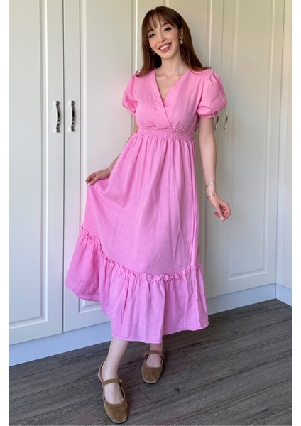 Müslin Kumaş Kısa Kol Pembe Midi Elbise fiyatları