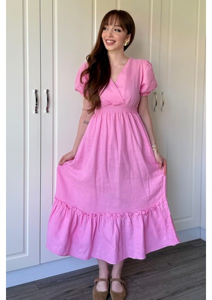 Müslin Kumaş Kısa Kol Pembe Midi Elbise modelleri