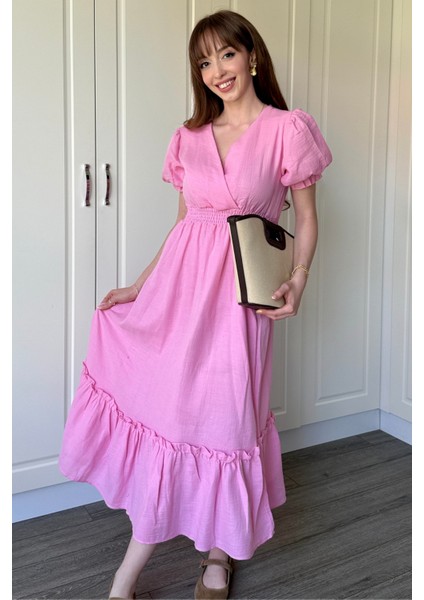 Müslin Kumaş Kısa Kol Pembe Midi Elbise indirimleri
