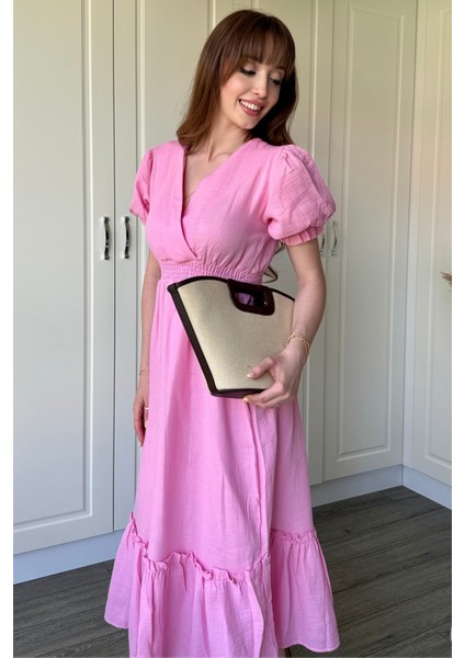 Müslin Kumaş Kısa Kol Pembe Midi Elbise