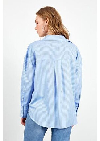 Çizgili Kadın Gömlek Günlük Kullanım İçin Uzun Kol Oversize Mavi
