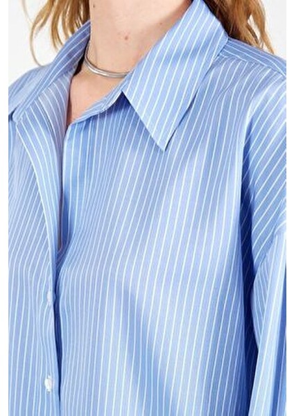 Çizgili Kadın Gömlek Günlük Kullanım İçin Uzun Kol Oversize Mavi