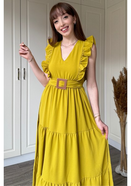 Hardal Kol Fırfırlı Yırtmaçlı Uzun Elbise