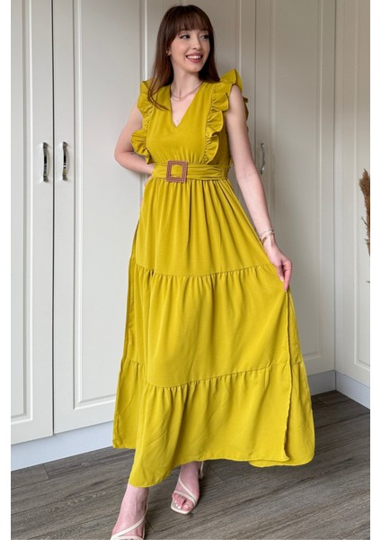 Hardal Kol Fırfırlı Yırtmaçlı Uzun Elbise indirimleri