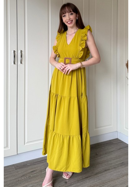 Hardal Kol Fırfırlı Yırtmaçlı Uzun Elbise fiyatları