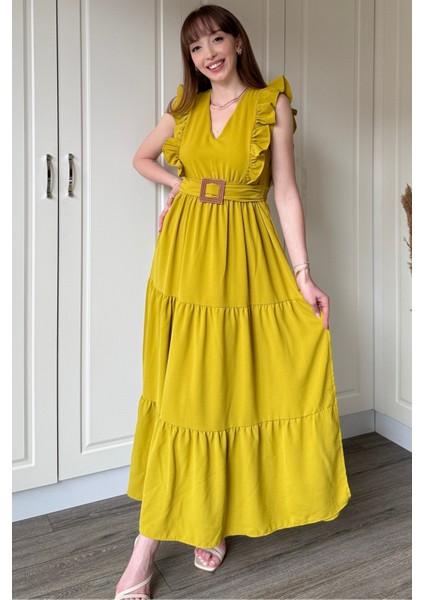 Hardal Kol Fırfırlı Yırtmaçlı Uzun Elbise modelleri