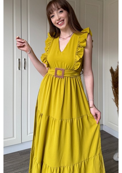 Hardal Kol Fırfırlı Yırtmaçlı Uzun Elbise fırsatları