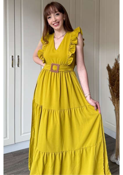 Hardal Kol Fırfırlı Yırtmaçlı Uzun Elbise