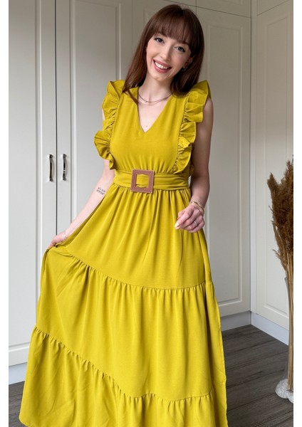 Hardal Kol Fırfırlı Yırtmaçlı Uzun Elbise