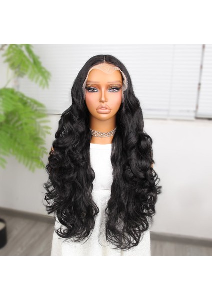 Gür Yoğun Su Dalgalı Siyah Fiber Sentetik Uzun Tül Peruk