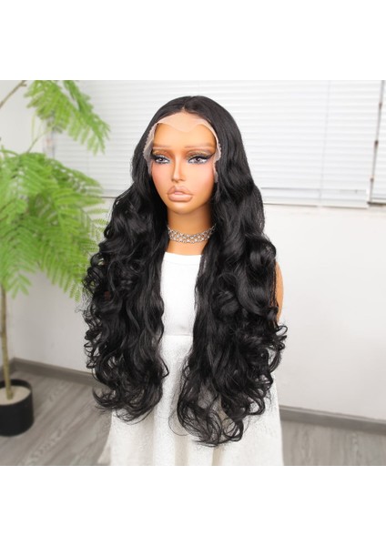 Gür Yoğun Su Dalgalı Siyah Fiber Sentetik Uzun Tül Peruk modelleri