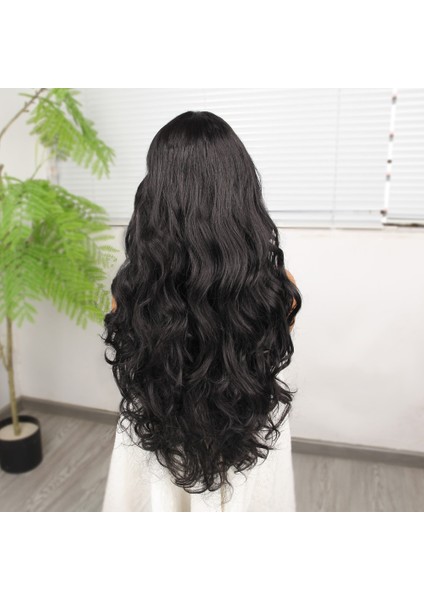Gür Yoğun Su Dalgalı Siyah Fiber Sentetik Uzun Tül Peruk fırsatları