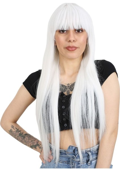 Uzun Kahküllü Fiber Sentetik Peruk / Beyaz