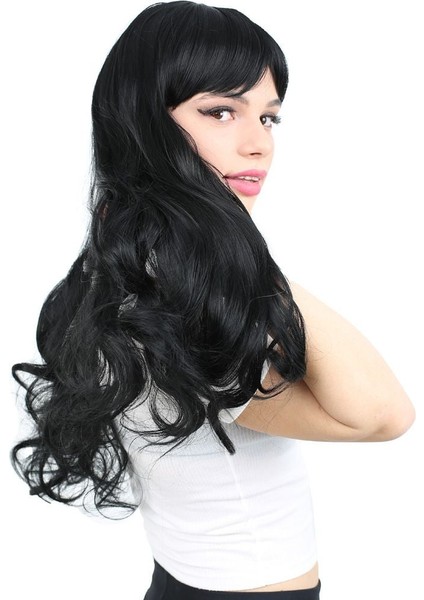 Kahküllü Uzun Dalgalı Fiber Sentetik Peruk / Siyah modelleri
