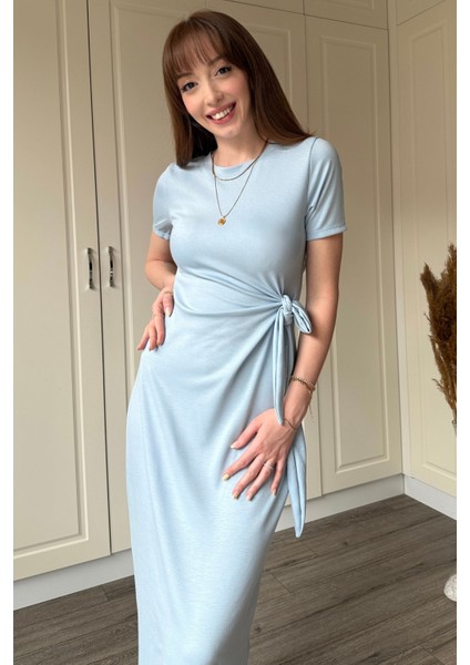 Bağlamalı Midi Modal Mavi Elbise